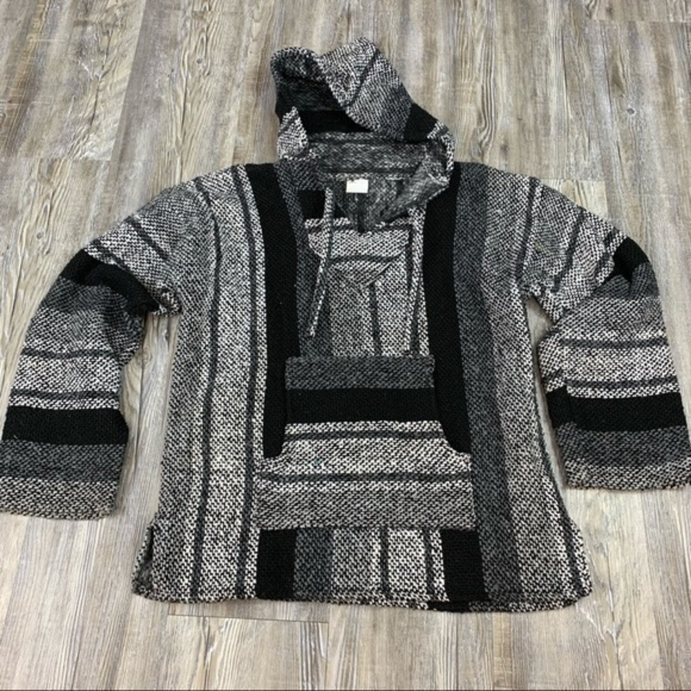 Black Gray Woven Mexican Style Hooded Pancho SZ S